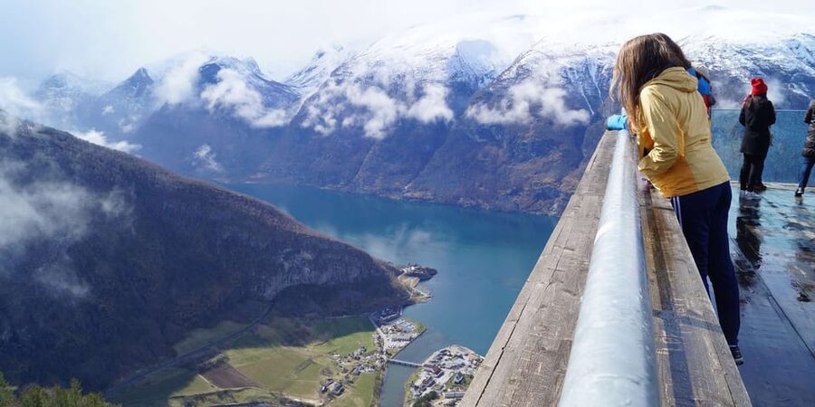 Bergen: Nærøyfjorden, Flåm, and Stegastein Guided Bus Tour - Stegastein at 650 meters above the fjord